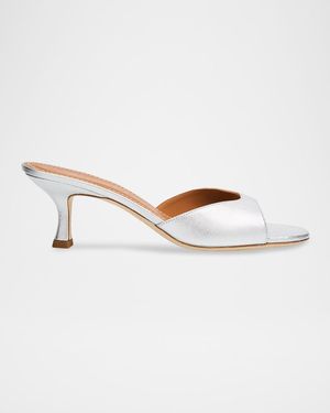 STAUD Brigitte Metallic Leather Kitten-Heel Mules - White