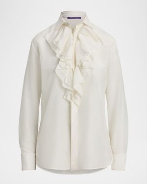 Ralph Lauren Britt Soft Voile Ruffle Button-Down Shirt - White
