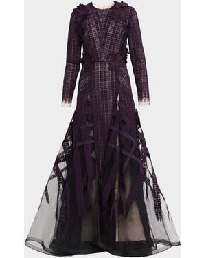 Bibhu Mohapatra Flocked Floral Lace Long-Sleeve Godet Gown - Blue