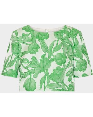 MILLY Floral Jacquard Crop Top - Green