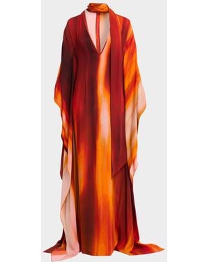 LAQUAN SMITH Plunging Neck-Scarf Dolman-Sleeve Caftan Gown - Red