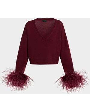 LAPOINTE Merino Wool V-Neck Crop Sweater With Feather Cuffs - Red
