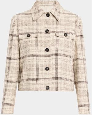 Brunello Cucinelli Check Linen Cotton Silk Tweed Single-Breasted Jacket - Natural