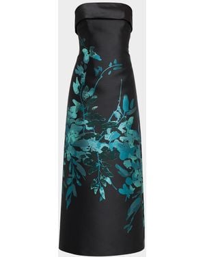 Aidan Mattox Strapless Metallic Botanical Jacquard Maxi Dress - Blue