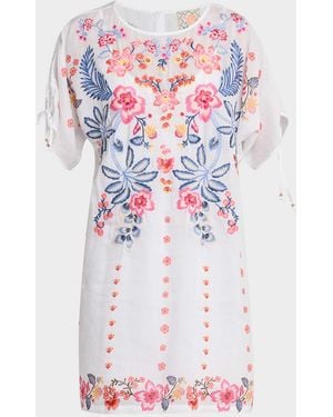 Johnny Was Embroidered Split-Sleeve Mini Dress - White