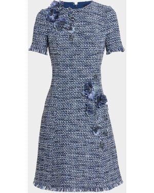 Teri Jon Floral Tweed Short-Sleeve Dress - Blue