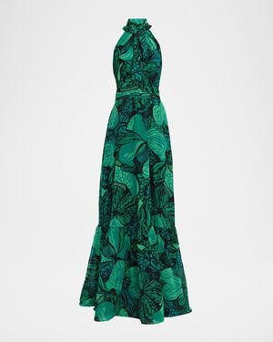 Teri Jon Floral-Print Chiffon Halter Gown - Green