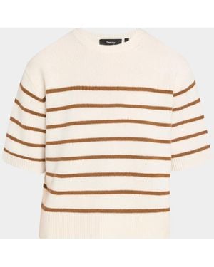 Theory Striped Cashmere Crop Short-Sleeve Sweater - Natural
