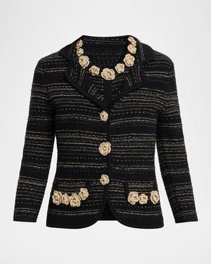 Teri Jon Crochet Floral Applique Striped Knit Jacket - Black