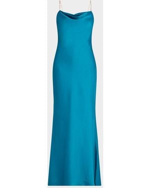 Liv Foster Lola Backless Bead-Strap Satin Gown - Blue