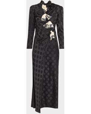 Saloni Kelly-B Polka Dot Silk Satin Draped Dress - Black
