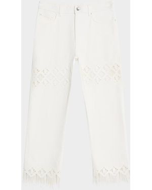 Rabanne Macrame-Inset Straight-Leg Fringed Ankle Pants - White