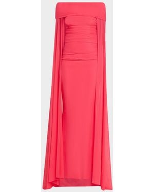 Talbot Runhof Ruched Off-The-Shoulder Mesh Cape Gown - Pink