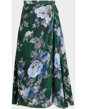 Erdem Floral Draped Crepe Midi Skirt - Green