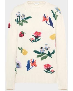 Malo Dalia Embroidered Crewneck Cashmere Sweater - White