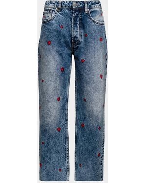 Frances Valentine Andy Sweetheart Heart-Embroidered Crop Jeans - Blue