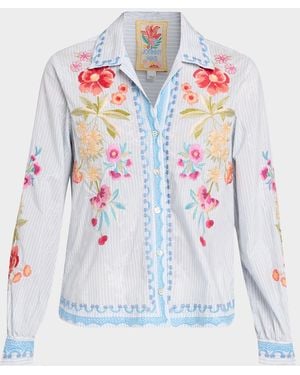 Johnny Was Floral Embroidered Open-Neck Shirt - White