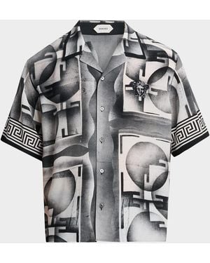 Versace Apos;S Silk Abstract La Greca-Trim Camp Shirt - Multicolor
