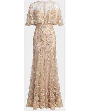 Mac Duggal Beaded Chiffon Lace Cape Trumpet Gown - Natural