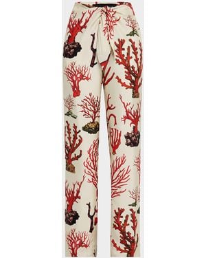 Libertine Venetian Coral Tie Wide-Leg Silk Pants - Red