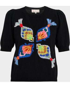Maison Common Embroidered Wool-Cashmere Short-Sleeve Sweater - Black
