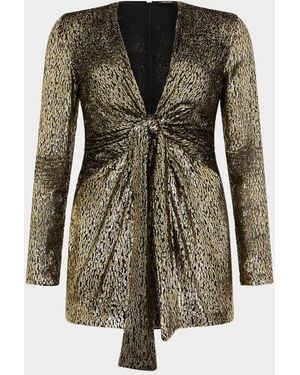 Roberto Cavalli Knotted Metallic Velvet Jacquard Long-Sleeve Mini Dress - Green