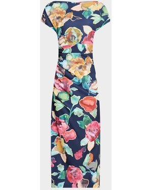 Lela Rose Floral Print Ruched Crepe Midi Dress - White