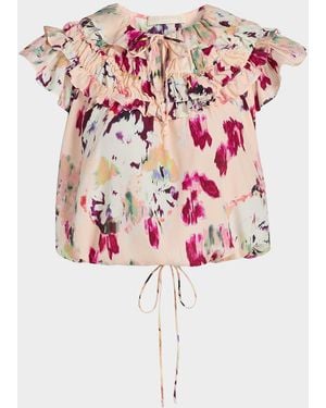 Ulla Johnson Eleonore Floral Ruffled Silk Tieneck Top - Pink