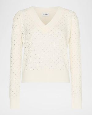 MILLY Rhinestone Rib Knit Merino Wool Sweater - White