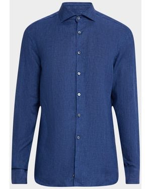 Canali Linen Casual Button-Down Shirt - Blue