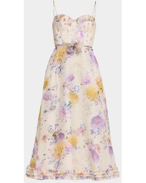 Zimmermann Kindred Spirit Luna Floral Linen Ruffle Midi Dress - White