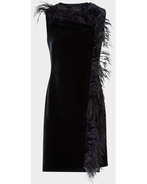 Akris Neoprene Velvet Feather-Trim Asymmetric Mini Dress - Black