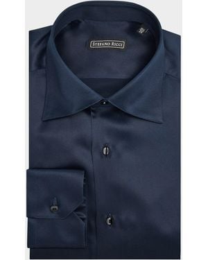 Stefano Ricci Silk Point Collar Dress Shirt - Blue