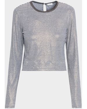 Brunello Cucinelli Glossy Summer Striped Long-Sleeve Crop T-Shirt - Gray