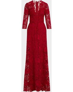 Monique Lhuillier Plunging 3/4-Sleeve Guipure Lace Gown - Red