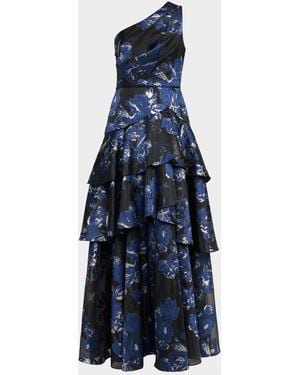 Aidan Mattox Tiered One-Shoulder Floral Jacquard Gown - Blue