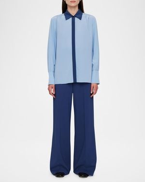 JOSEPH Evora Colorblock-Print Point-Collar Silk Blouse - Blue