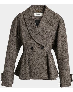 Chloé Double-Breasted Herringbone Oversized Peplum Coat - Gray