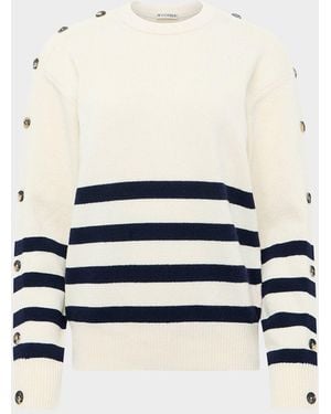 JW Anderson Buttoned-Sleeve Striped Crewneck Sweater - White