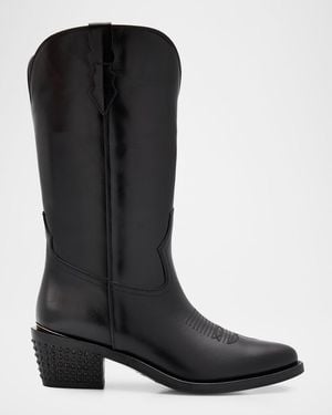 Partow Sharon Leather Cowboy Boots With Crystal-Embellished Heel - Black