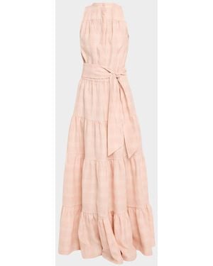 Kiton Tiered Check Linen Belted Sleeveless Maxi Dress - Pink
