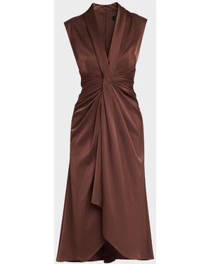 Aidan Mattox Sleeveless Pleated Twist-Front Midi Dress - Brown