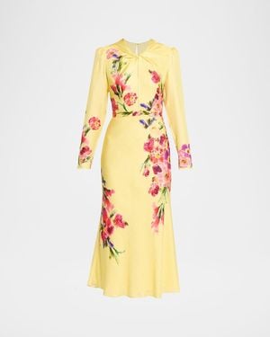 Saloni Claudia Floral Silk Long-Sleeve Fluted Midi Dress - Metallic