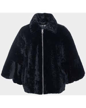 Gorski Textured Shearling Lamb Zip Jacket With Cropped Sleeves - Blue
