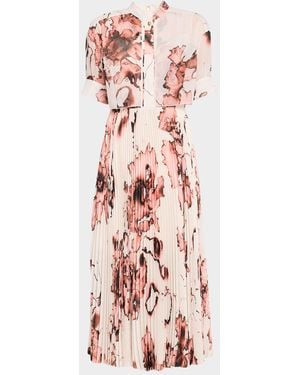 Jason Wu Printed Chiffon Short-Sleeve Pleated Midi Dress - Pink