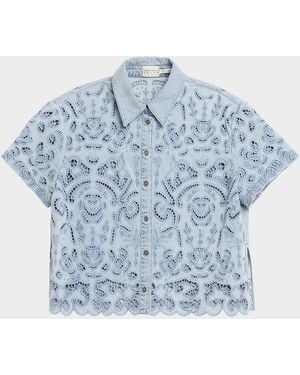Alice + Olivia Lane Embroidered Denim Button-Front Shirt - Blue