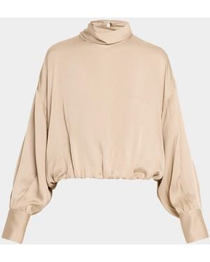 Brunello Cucinelli Fluid Silk Satin Long-Sleeve Bubble Blouse - Natural