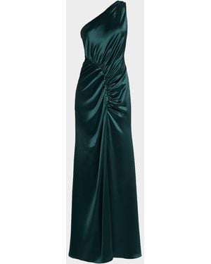 MILLY Whitney Hammered Satin One-Shoulder Gown - Green