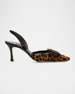 Manolo Blahnik 70Mm Mayslibi Leopard Calf Hair Slingback Buckle Pumps - Metallic