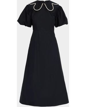 Simone Rocha Pearly-Beaded Collar Puff-Sleeve Midi Dress - Black
